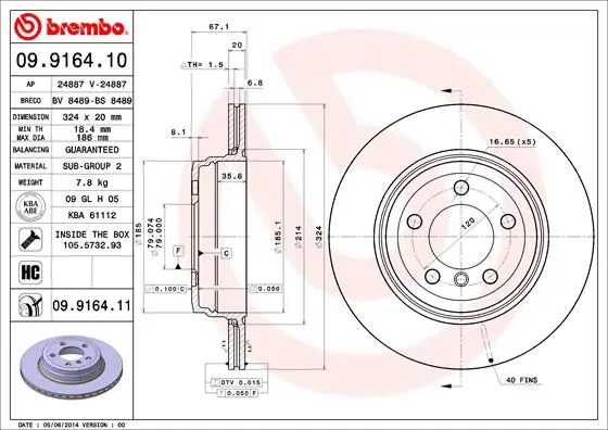 Remschijven Brembo 09.9164.11 Gratis Retour