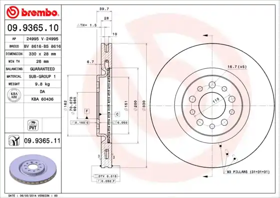 Remschijven Brembo 09.9365.11 Laatste Kans