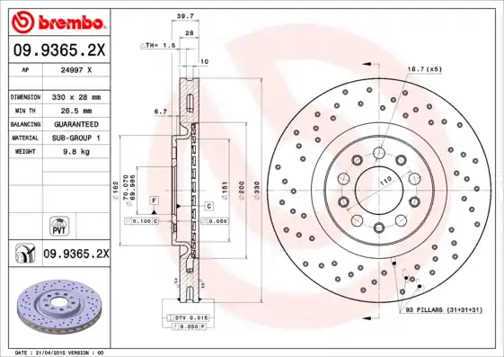 Remschijven Brembo 09.9365.2X Garantie Inbegrepen