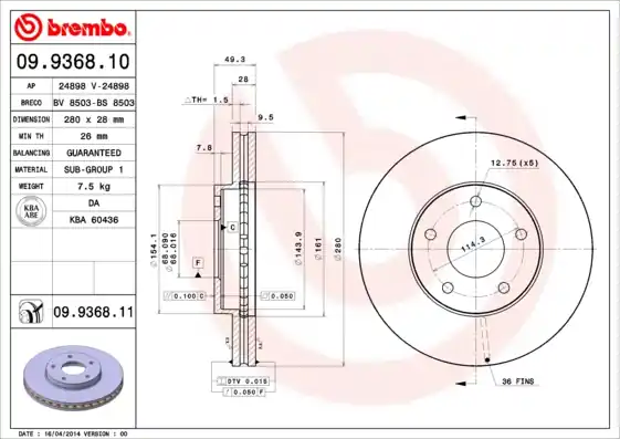 Remschijven Brembo 09.9368.11 Hoge Kwaliteit