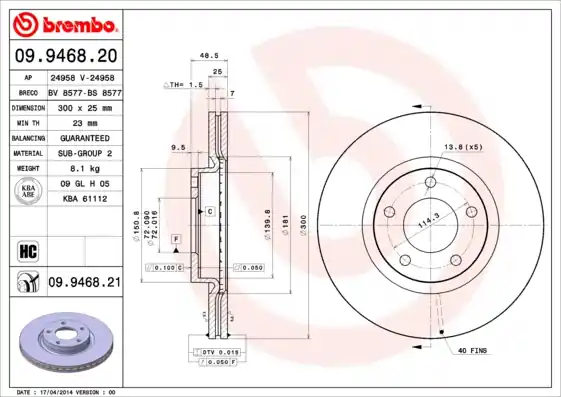 Remschijven Brembo 09.9468.21 Beperkt Aanbod