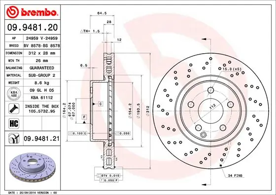 Remschijven Brembo 09.9481.21 Authentiek