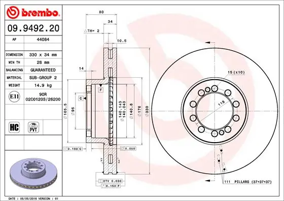 Remschijven Brembo 09.9492.20 Hoge Kwaliteit