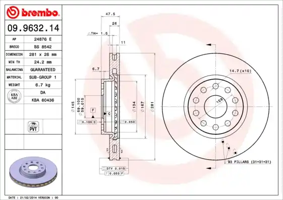 Plaats Bestelling Remschijven Brembo 09.9632.14