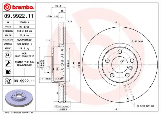 Remschijven Brembo 09.9922.11 Handgemaakt