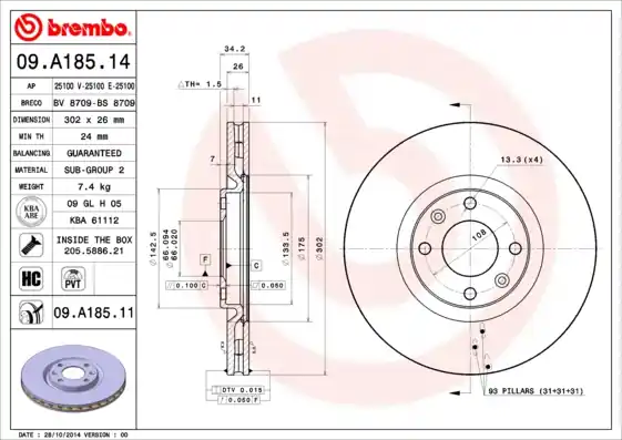 Fabrieksprijs Remschijven Brembo 09.A185.14