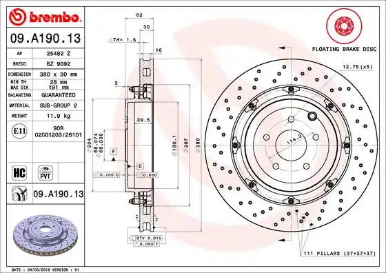 Remschijven Brembo 09.A190.13 Gratis Retour