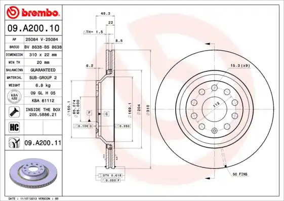 Remschijven Brembo 09.A200.11 Laatste Kans
