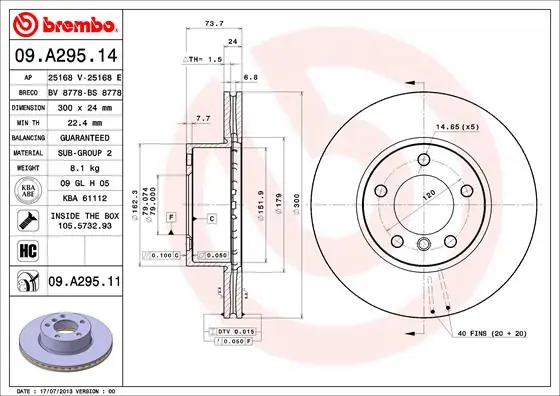 Remschijven Brembo 09.A295.11 Geld-Terug-Garantie