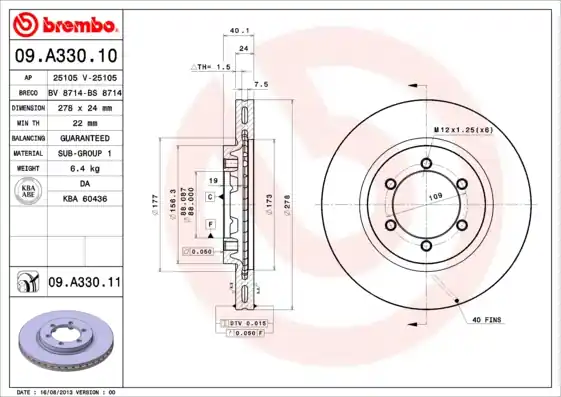 Remschijven Brembo 09.A330.11 Nieuwe Collectie