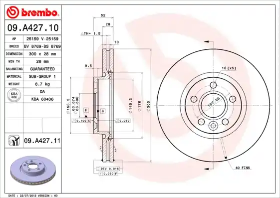 Remschijven Brembo 09.A427.11 Exclusief