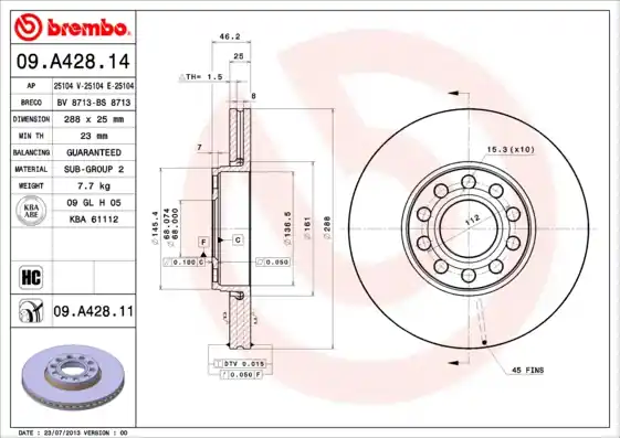Remschijven Brembo 09.A428.11 Actieprijs