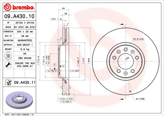 Remschijven Brembo 09.A430.11 Op = Op