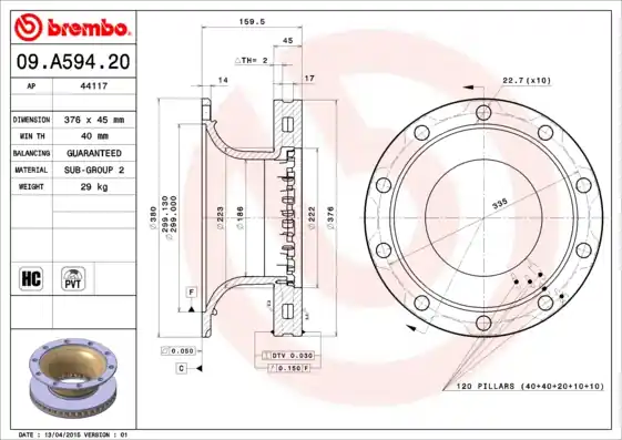 Remschijven Brembo 09.A594.20 Wereldwijde Verzending