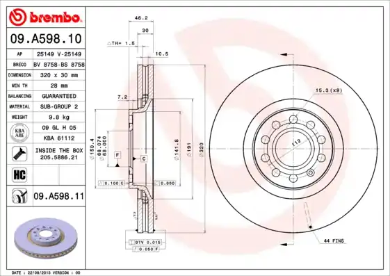 Remschijven Brembo 09.A598.11 Nieuwe Collectie