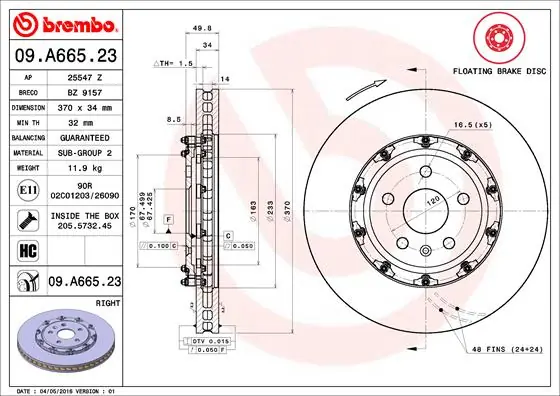 Remschijven Brembo 09.A665.23 Handgemaakt