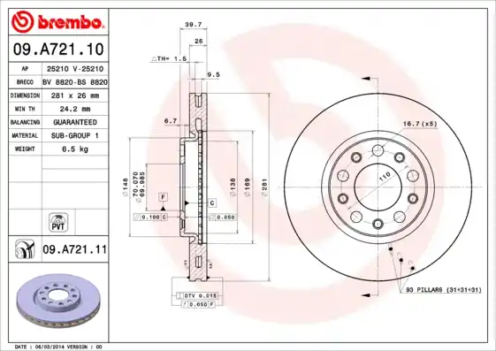 Remschijven Brembo 09.A721.11 Direct Beschikbaar