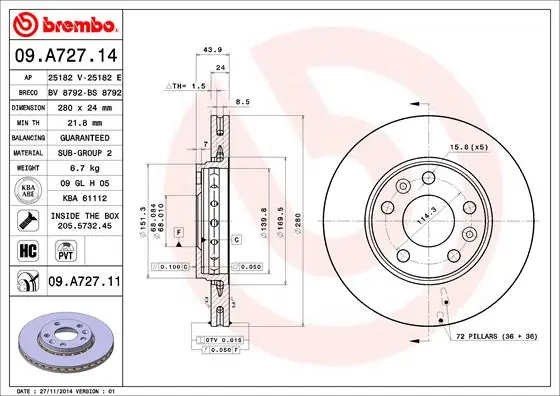 Remschijven Brembo 09.A727.11 Wereldwijde Verzending