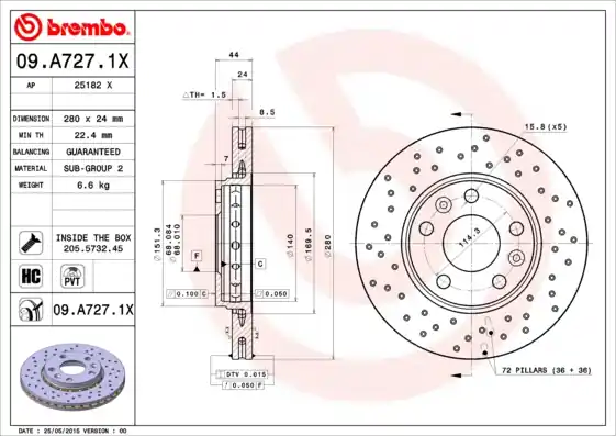 Remschijven Brembo 09.A727.1X Premium