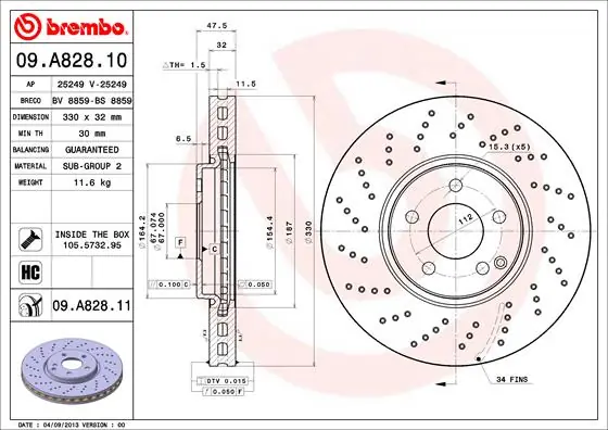 Remschijven Brembo 09.A828.10 Geld-Terug-Garantie