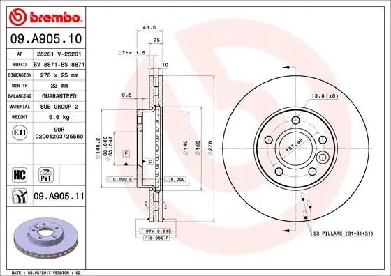 Op = Op Remschijven Brembo 09.A905.11
