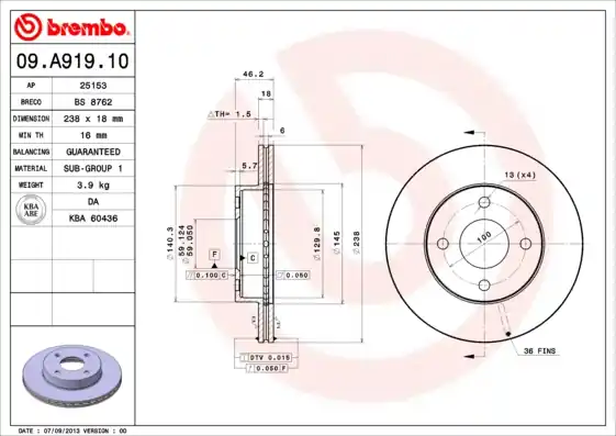 Gecertificeerd Remschijven Brembo 09.A919.10