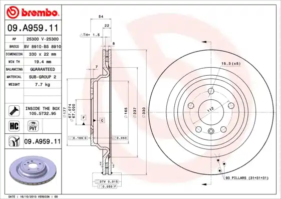 Direct Beschikbaar Remschijven Brembo 09.A959.11
