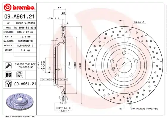 Direct Beschikbaar Remschijven Brembo 09.A961.21
