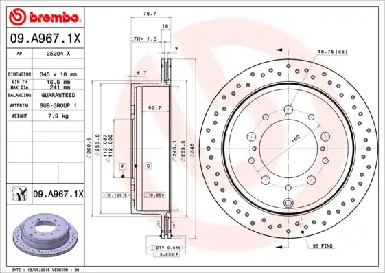 Remschijven Brembo 09.A967.1X Wereldwijde Verzending