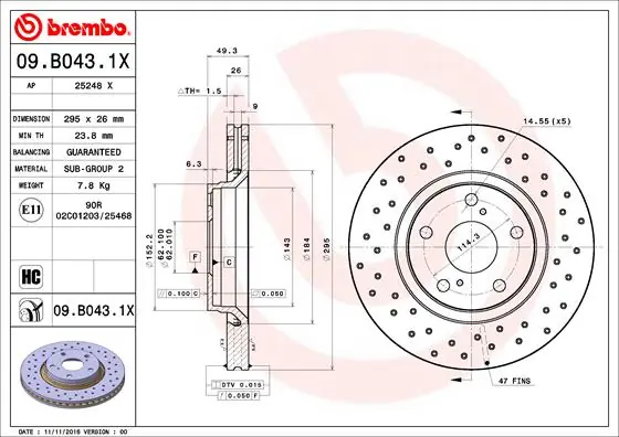 Remschijven Brembo 09.B043.1X Op = Op