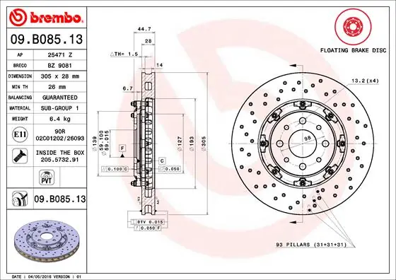 Remschijven Brembo 09.B085.13 Seizoensaanbieding