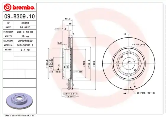 Remschijven Brembo 09.B309.10 Topkwaliteit