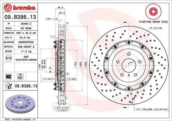 Express Levering Remschijven Brembo 09.B386.13