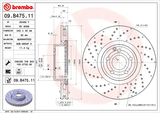 Remschijven Brembo 09.B475.11 Exclusief