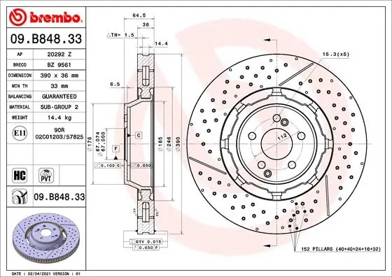 Remschijven Brembo 09.B848.33 Exclusief