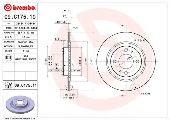 Remschijven Brembo 09.C175.11 Betrouwbaar