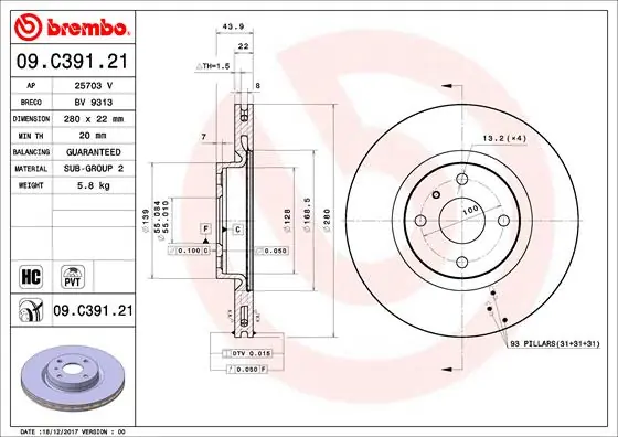 Remschijven Brembo 09.C391.21 Handgemaakt