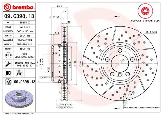 Remschijven Brembo 09.C398.13 Beperkte Voorraad