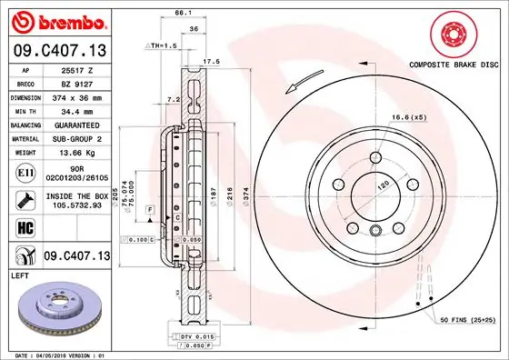 Remschijven Brembo 09.C407.13 Origineel
