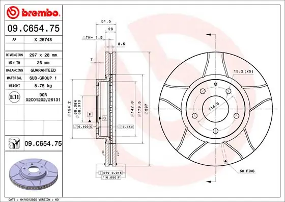 Remschijven Brembo 09.C654.75 Flitsaanbieding