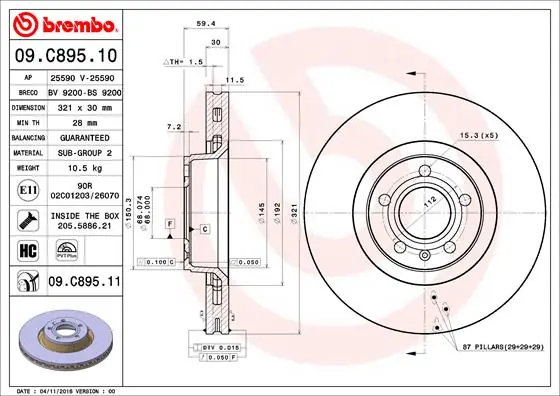 Remschijven Brembo 09.C895.11 Garantie Inbegrepen