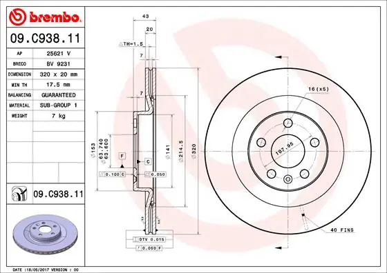 Remschijven Brembo 09.C938.11 Uitverkoop