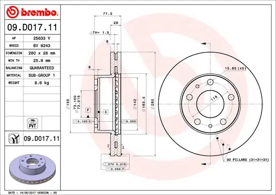 Remschijven Brembo 09.D017.11 Groothandel