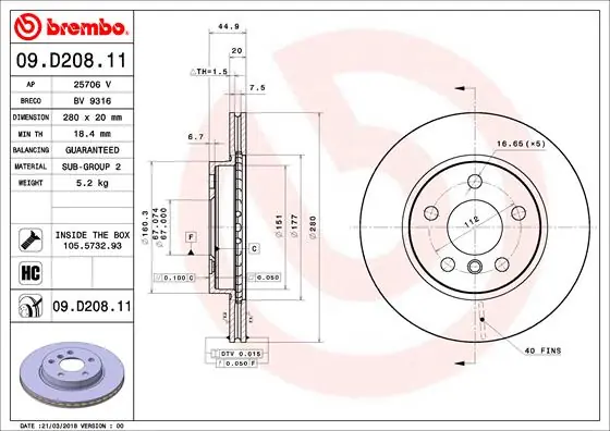 Remschijven Brembo 09.D208.11 Luxe