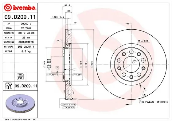 Remschijven Brembo 09.D209.11 Weekendaanbieding