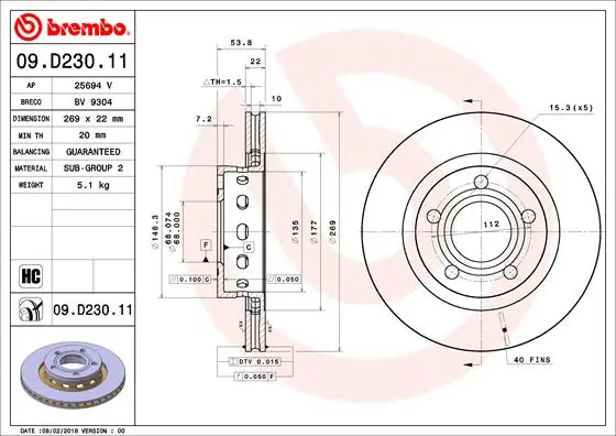 Remschijven Brembo 09.D230.11 Tijdelijk Beschikbaar