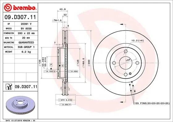 Remschijven Brembo 09.D307.11 Origineel