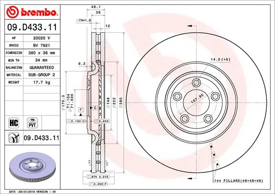 Remschijven Brembo 09.D433.11 Gratis Retour