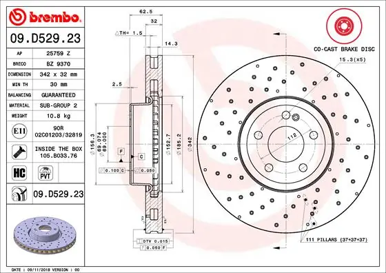 Remschijven Brembo 09.D529.23 Hoge Kwaliteit