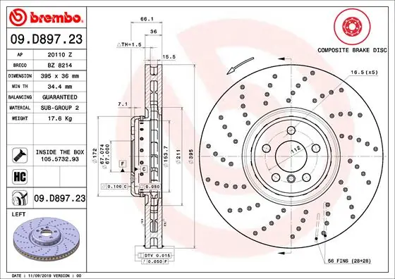 Remschijven Brembo 09.D897.23 Nieuw Model